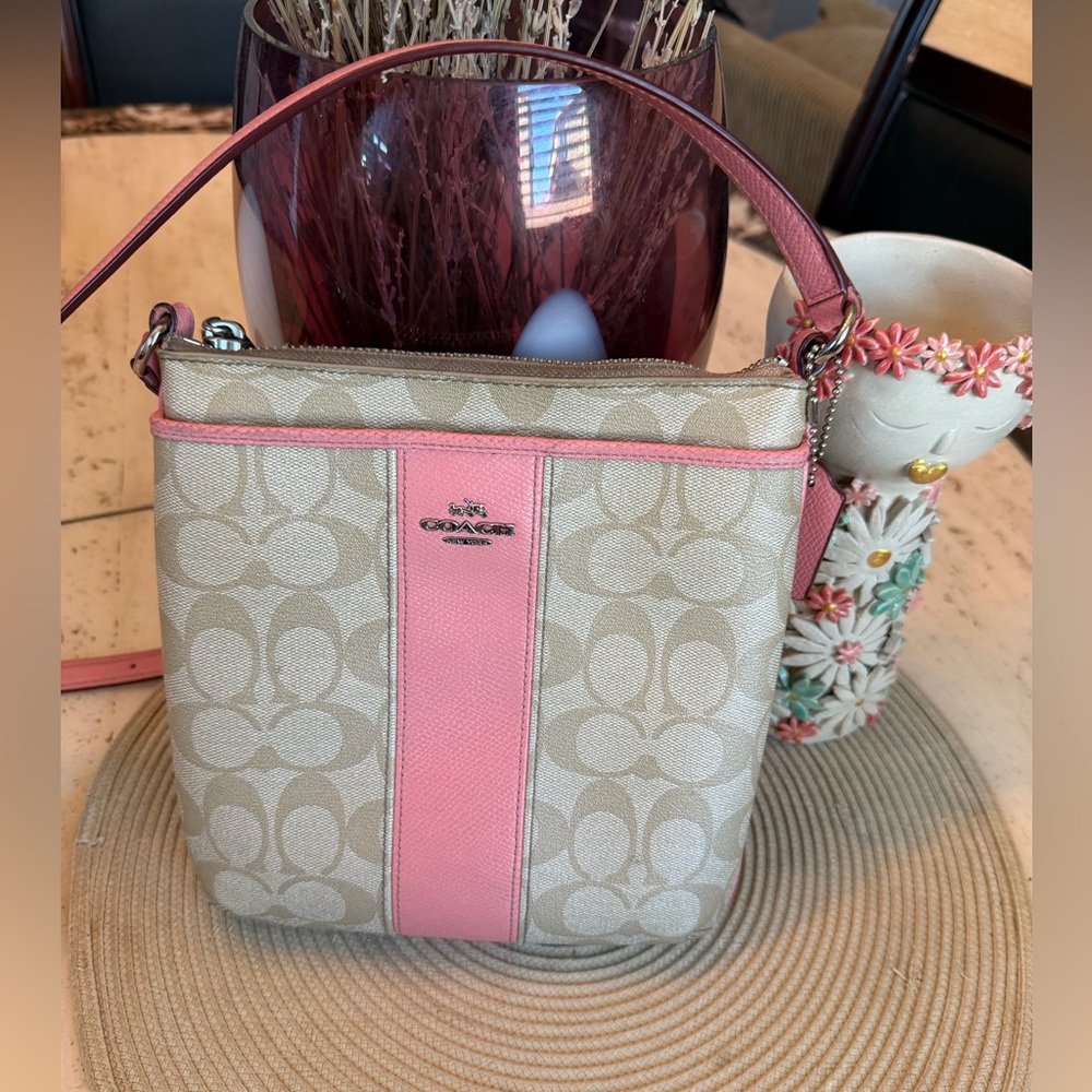 2015 Coach Signature Crossbody Bag in Pink and Beige with Silky Scarf